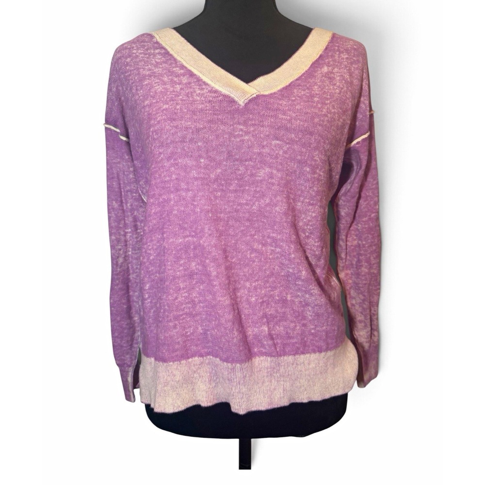 Sundance Women's S Purple Cotton Knit V-Neck Pullover Sweater Contrast Trim
